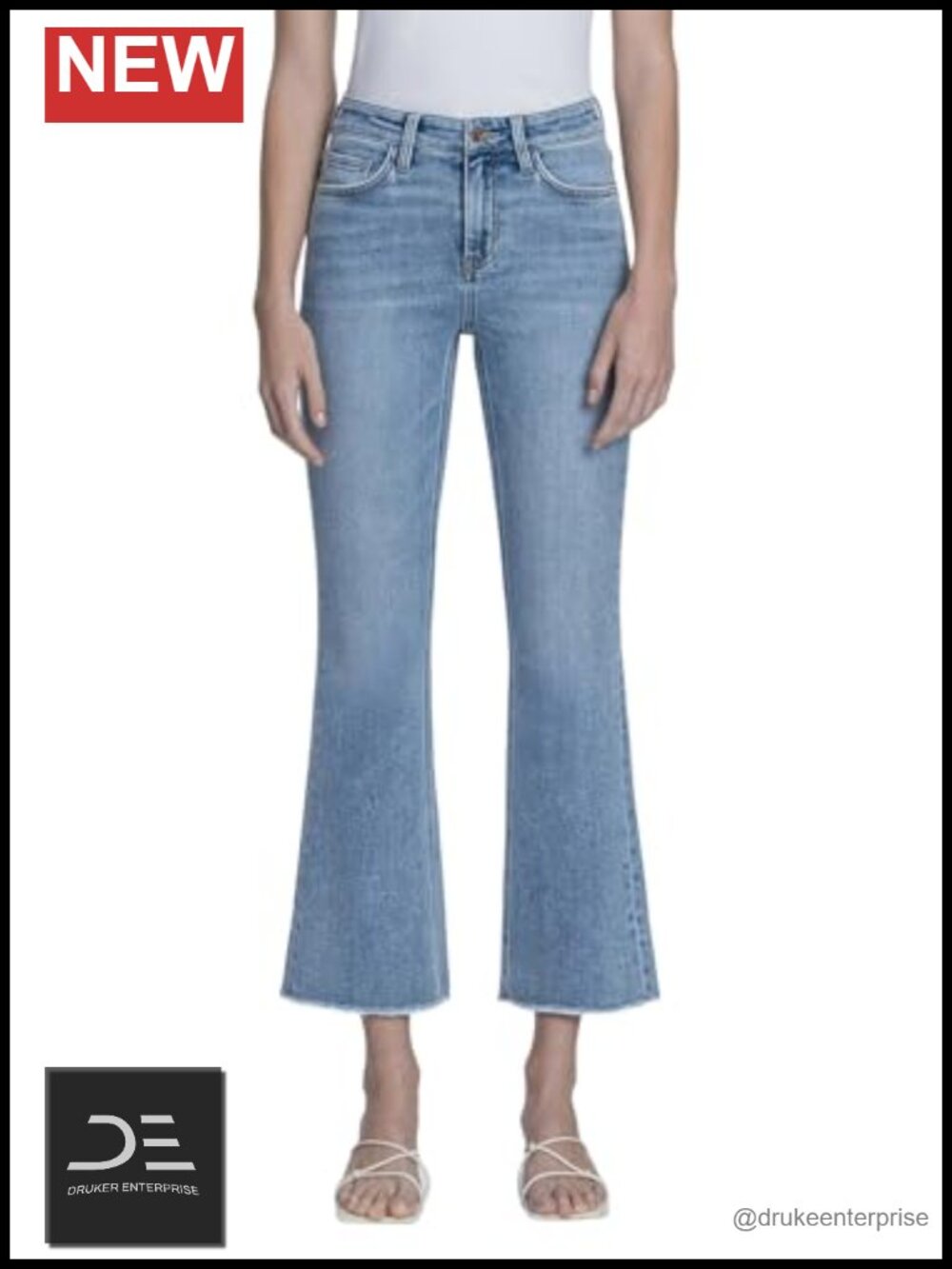 High Rise Kick Flare Jeans Cropped Raw Hem Comfort Stretch